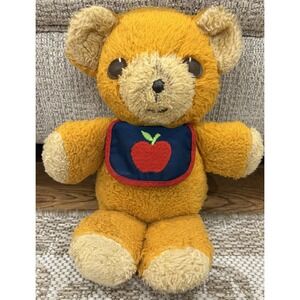 Vintage-Freddy Teddy Bear 1975- 13" orange Plush w/Squeaker & Apple Bib READ